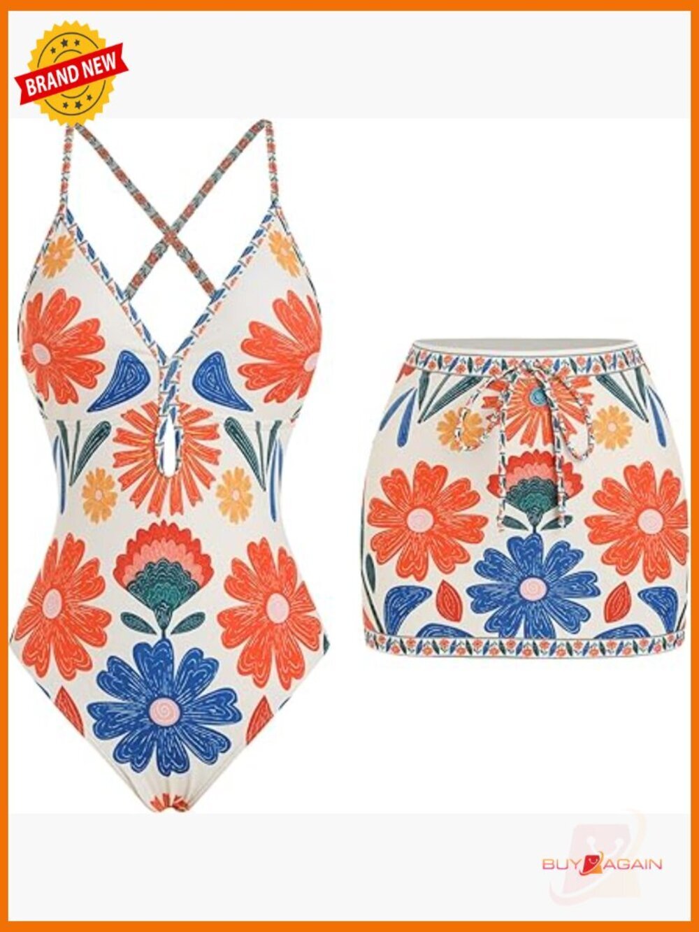 Women's One Piece Swimsuit with Skirt V Neck Cut Out Two Piece Bathing Suit